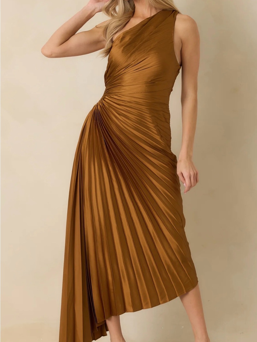 Asymmetric Pleated One-Shoulder Dress in Copper